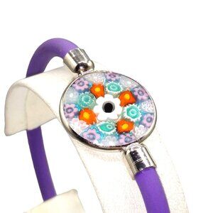 Millefiori Disc Silicone Bracelet, Purple and Flowers, Gift for Her, Murano Glas